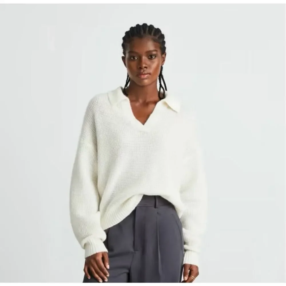 Everlane Alpaca Waffle-Stitch Polo Sweater Ivory Size XXS